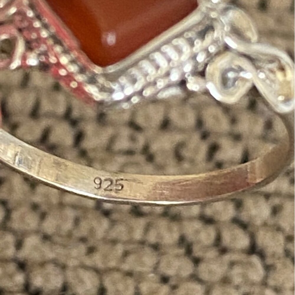 Ring Size 8 Red Orange Carnelian Diamond Cabochon Smooth Sterling Silver 925 Wom - Picture 7 of 8